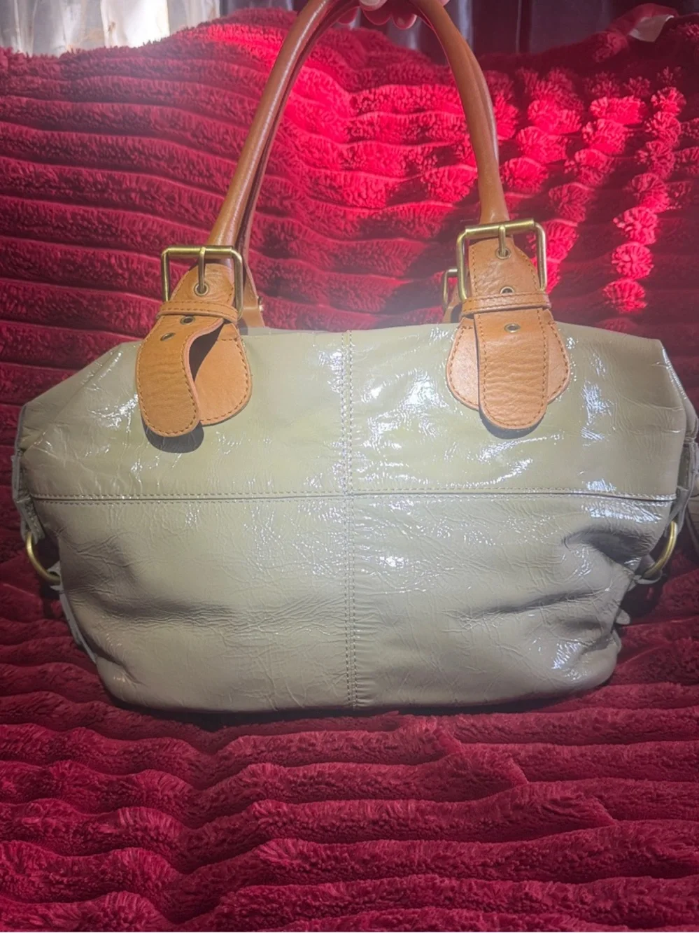 Boden Green Patent Satchel with Tan Leather Handles